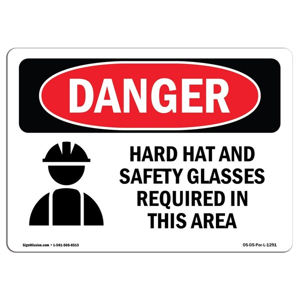 OSHA Sign, Hard Hat Glasses Required In Area, 5in X 3.5in Decal, 10PK, 5" W, 3.5" H, Landscap, PK10